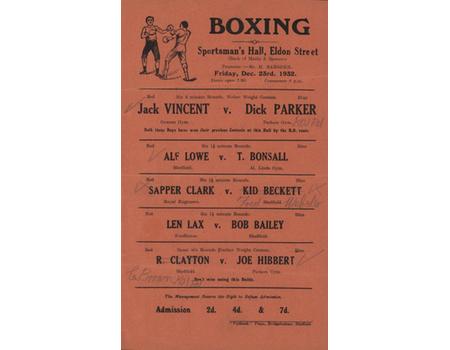 JACK VINCENT V DICK PARKER (SHEFFIELD) 1932 BOXING FLYER POSTER