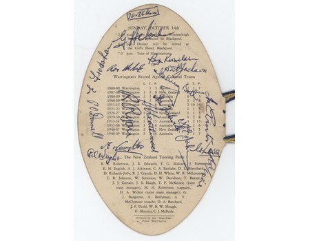 NEW ZEALAND 1951 SIGNED RUGBY LEAGUE DINNER MENU (+ WARRINGTON TEAM)