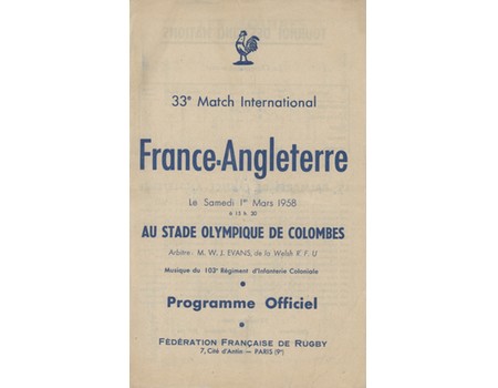 FRANCE V ENGLAND 1958 RUGBY UNION PROGRAMME