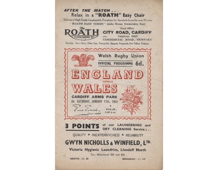 WALES V ENGLAND 1953 RUGBY UNION PROGRAMME