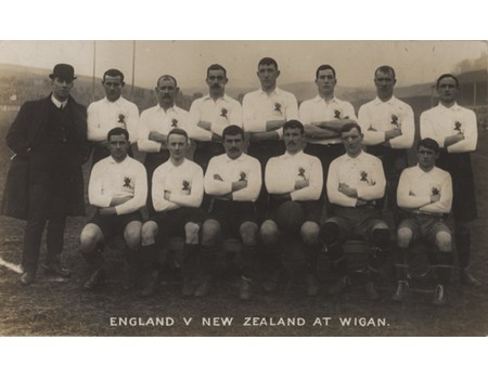 ENGLAND RUGBY LEAGUE TEAM 1908 POSTCARD - BEFORE MATCH V NEW ZEALAND (SECOND EVER INTERNATIONAL MATCH)
