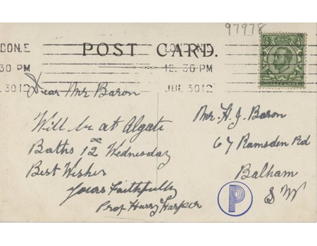 PROFESSOR HARRY HARPER ("THE HUMAN SUBMARINE") SIGNED SWIMMING POSTCARD