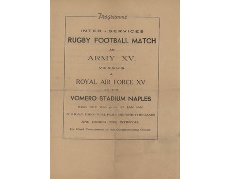 ARMY XV V ROYAL AIR FORCE XV (NAPLES) 1945 RUGBY UNION PROGRAMME