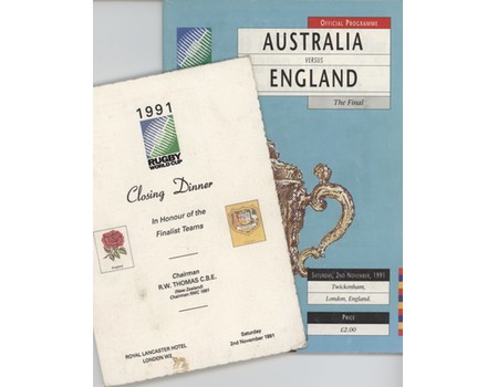 AUSTRALIA  V ENGLAND 1991 (WORLD CUP FINAL) RUGBY PROGRAMME & MENU