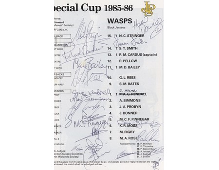 BATH V WASPS 1986 (JOHN PLAYER CUP FINAL) RUGBY UNION PROGRAMME - SIGNED BY WASPS