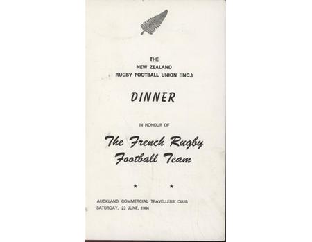 NEW ZEALAND V FRANCE 1984 RUGBY UNION DINNER MENU