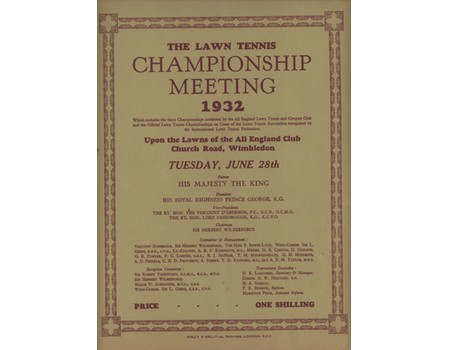 WIMBLEDON CHAMPIONSHIPS 1932 TENNIS PROGRAMME