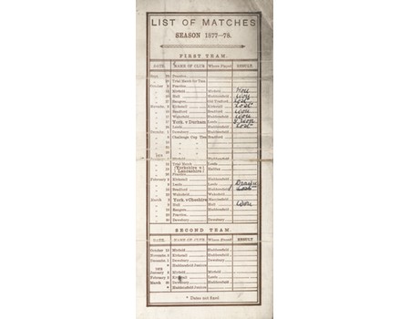 HUDDERSFIELD ATHLETIC (RUGBY) FOOTBALL CLUB 1877-78 FIXTURE CARD