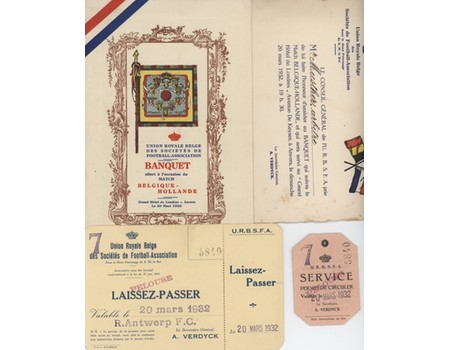 BELGIUM V HOLLAND 1932  FOOTBALL DINNER MENU & EPHEMERA