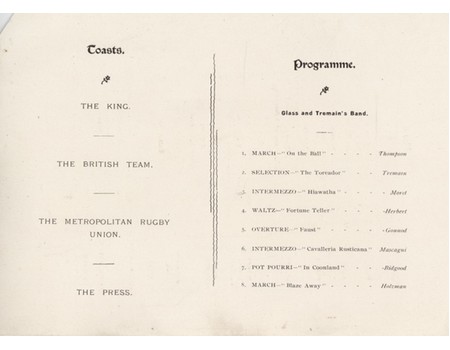 METROPOLITAN RUGBY UNION (SYDNEY) V BRITISH LIONS 1904 MENU - SIGNED BY COMMITTEE
