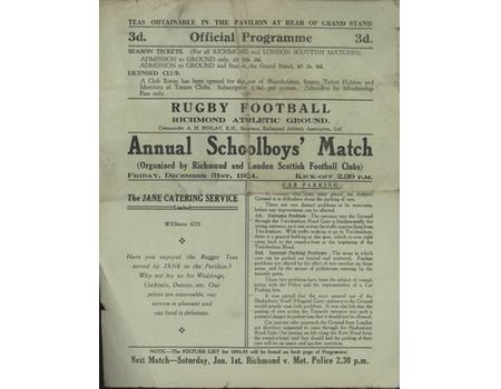 ANNUAL SCHOOLBOYS MATCH 1954 RUGBY UNION PROGRAMME
