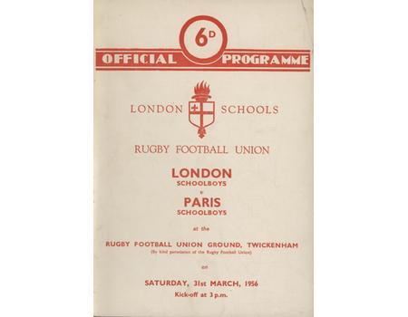 LONDON SCHOOLBOYS V PARIS SCHOOLBOYS 1956 RUGBY UNION PROGRAMME