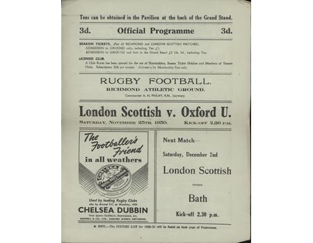 LONDON SCOTTISH V OXFORD UNIVERSITY 1950 RUGBY UNION PROGRAMME