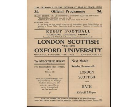 LONDON SCOTTISH V OXFORD UNIVERSITY 1954 RUGBY UNION PROGRAMME