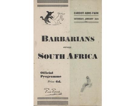 BARBARIANS V SOUTH AFRICA 1952 RUGBY UNION PROGRAMME