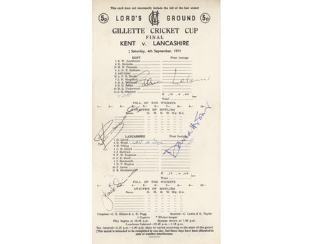 KENT V LANCASHIRE 1971 (GILLETTE CUP FINAL) SIGNED CRICKET SCORECARD
