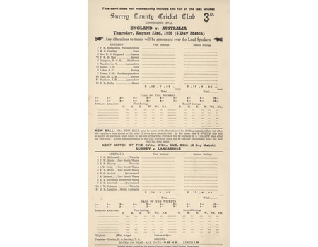 ENGLAND V AUSTRALIA 1956 (OVAL) CRICKET SCORECARD