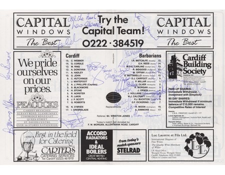CARDIFF V BARBARIANS 1987 RUGBY UNION PROGRAMME (SIGNED BY BARBARIANS)