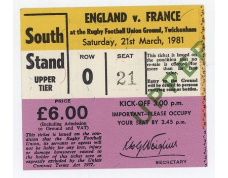 ENGLAND V FRANCE 1981 RUGBY UNION TICKET (FRANCE GRAND SLAM)