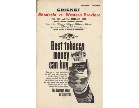RHODESIA V WESTERN PROVINCE 1972 CRICKET SCORECARD