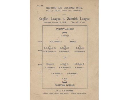 ENGLISH LEAGUE V SCOTTISH LEAGUE 1932 ICE HOCKEY PROGRAMME
