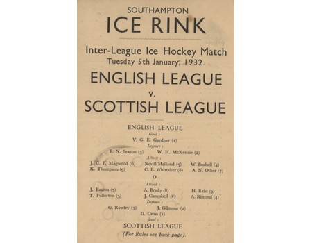 ENGLISH LEAGUE V SCOTTISH LEAGUE 1932 ICE HOCKEY PROGRAMME