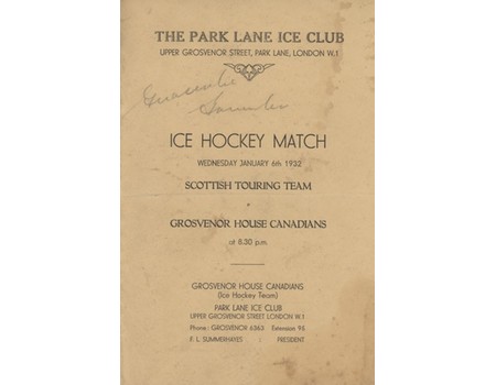 SCOTTISH TOURING TEAM V GROSVENOR HOUSE CANADIANS 1932 ICE HOCKEY PROGRAMME