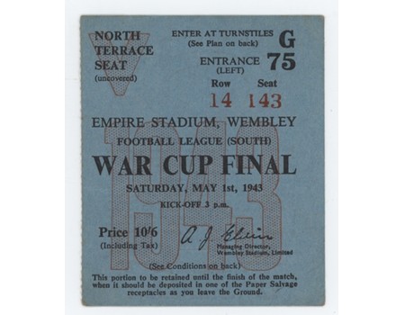 CHARLTON ATHLETIC V ARSENAL 1943 (FOOTBALL LEAGUE SOUTH CUP FINAL) FOOTBALL TICKET