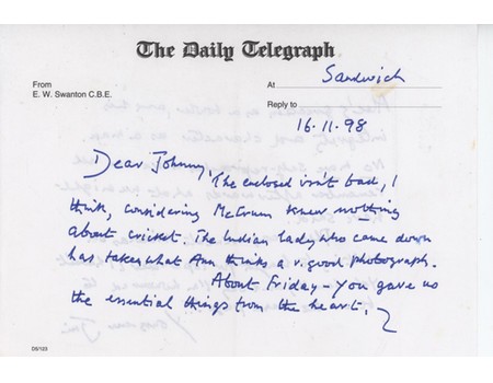 JIM SWANTON 1998 CRICKET LETTER TO JOHN WOODCOCK