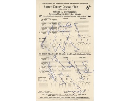 SURREY V AUSTRALIA 1964 CRICKET SCORECARD - SIGNED BY AUSTRALIA
