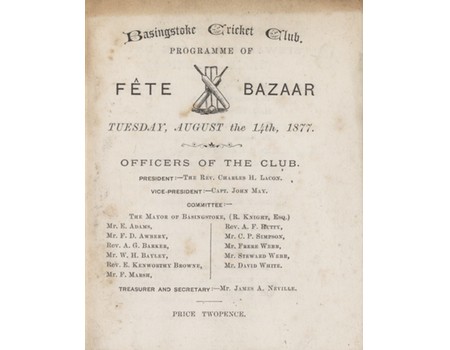 BASINGSTOKE CRICKET CLUB. PROGRAMME OF THE BAZAAR 1877
