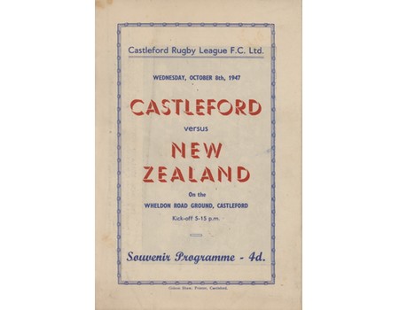 CASTLEFORD V NEW ZEALAND 1947 RUGBY LEAGUE PROGRAMME