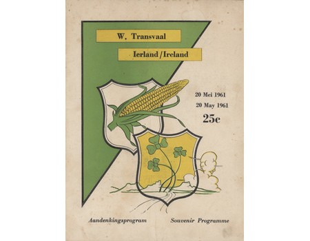 WESTERN TRANSVAAL V IRELAND 1961 RUGBY UNION PROGRAMME