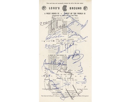 WEST INDIES XI V REST OF WORLD XI 1966 CRICKET SCORECARD - SIGNED BY WEST INDIES