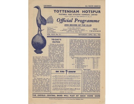 TOTTENHAM HOTSPUR V SHEFFIELD WEDNESDAY 1950-51 FOOTBALL PROGRAMME (SPURS WIN FIRST CHAMPIONSHIP TITLE)