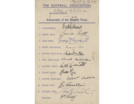 FOOTBALL ASSOCIATION XI 1946 AUTOGRAPH SHEET