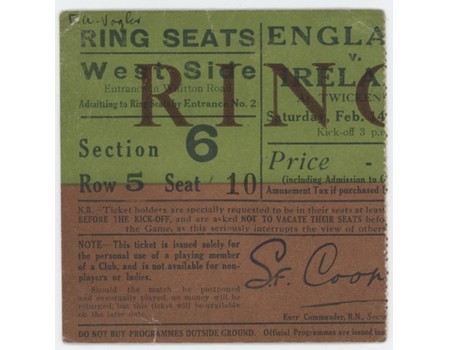 ENGLAND V IRELAND 1931 RUGBY UNION TICKET