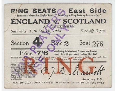 ENGLAND V SCOTLAND 1924 RUGBY UNION TICKET (ENGLAND GRAND SLAM)