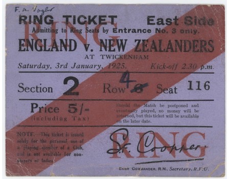 ENGLAND V NEW ZEALAND 1925 RUGBY UNION TICKET (THE INVINCIBLES)