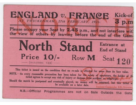 ENGLAND V FRANCE 1926 RUGBY UNION TICKET