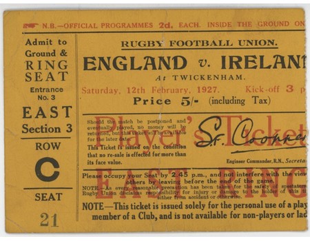 ENGLAND V IRELAND 1927 RUGBY UNION TICKET