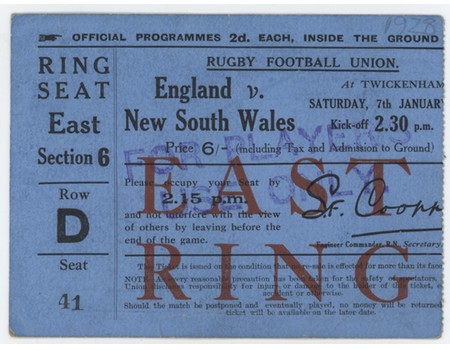 ENGLAND V NEW SOUTH WALES 1928 RUGBY UNION TICKET