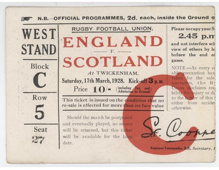 ENGLAND V SCOTLAND 1928 RUGBY UNION TICKET (ENGLAND GRAND SLAM)