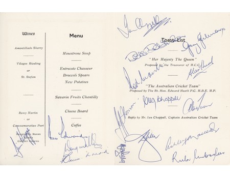 ENGLAND V AUSTRALIA 1975 CRICKET DINNER MENU - SIGNED BY AUSTRALIANS