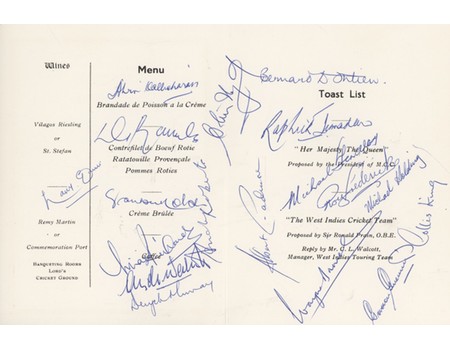 WEST INDIES 1976 SIGNED CRICKET MENU