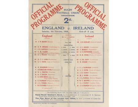 ENGLAND V IRELAND 1929 RUGBY UNION PROGRAMME