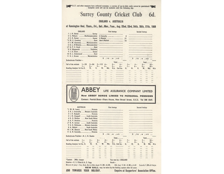 ENGLAND V AUSTRALIA 1968 (OVAL) CRICKET SCORECARD - AUSTRALIA RETAIN ASHES