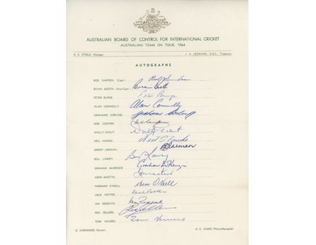 AUSTRALIA 1964 CRICKET AUTOGRAPH SHEET