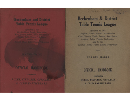 BECKENHAM AND DISTRICT TABLE TENNIS LEAGUE OFFICIAL HANDBOOKS 1961/62 - 1962/63 (2 ISSUES)