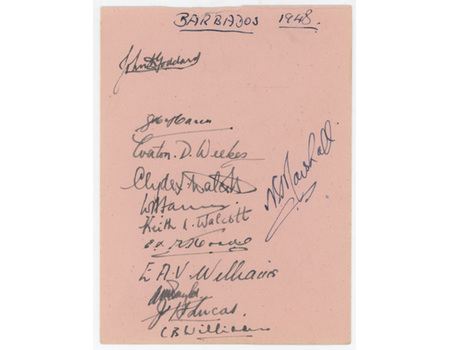 WEST INDIES 1948 (FIRST TEST, BARBADOS) CRICKET AUTOGRAPHS - WALCOTT & WEEKES DEBUTS